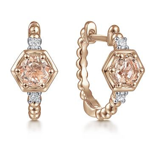 14K Rose Gold Morganite and Diamond Huggie Earrings